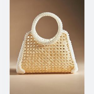 Anthropologie Pearl Embellished Rattan Circle-Handle Bag